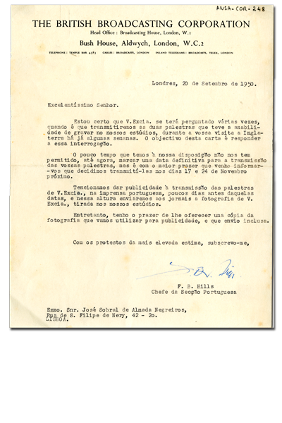 BBC. Secção Portuguesa Carta a José Sobral de Almada Negreiros. Londres, 20 set. 1950